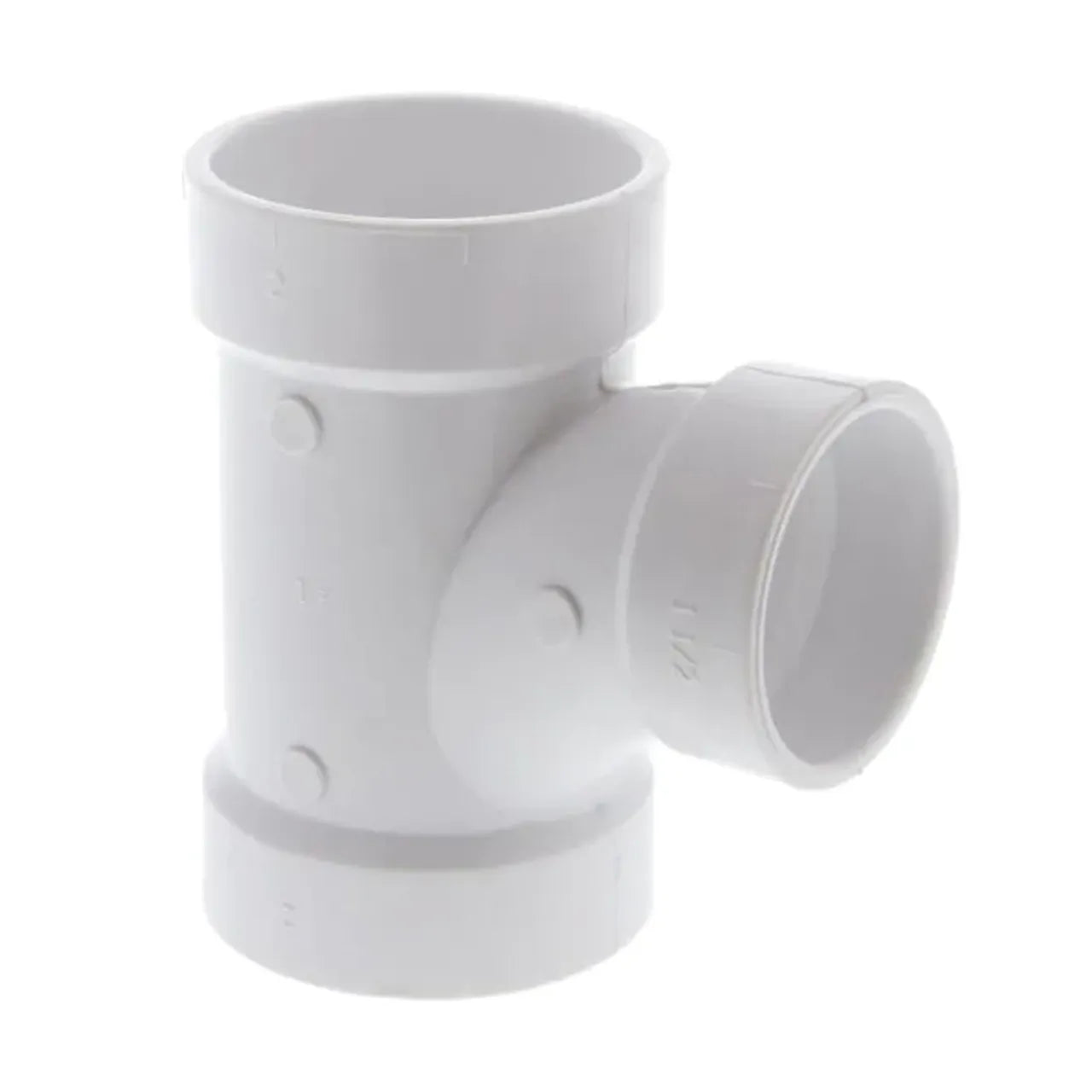 The Go Build 2 in. x 2 in. x 1-1/2 in. PVC DWV All Hub Sanitary Reducing Tee features three hub openings in a T-shape, ideal for connecting plumbing pipes and ensuring efficient flow direction changes.